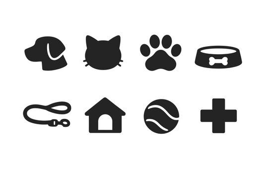 Set of black pet care icons including dog, cat, paw print, food bowl, leash, house, ball, and medical cross in simple silhouette style