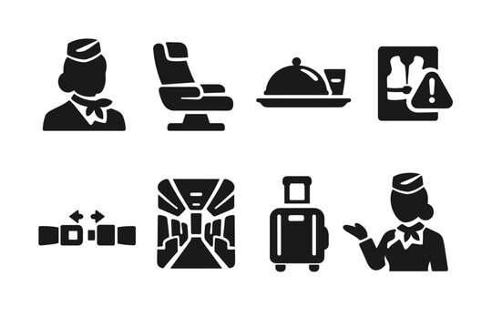Black travel service icons set featuring flight attendant, airline seat, meal tray, luggage, cabin interior, and safety alert symbols on white background
