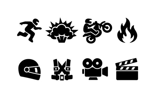 Set of black silhouette action and film icons showing running figure, explosion, stunt motorcyclist, fire, helmet, safety harness, camera, and clapperboard
