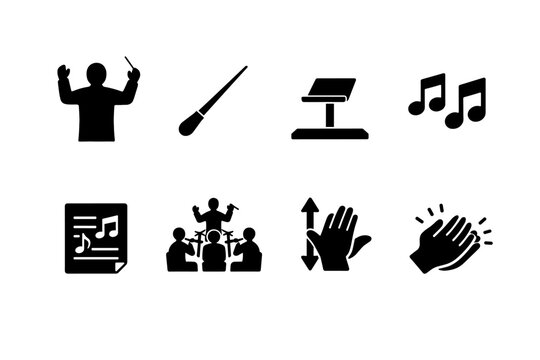 Set of black silhouette icons showing conductor, baton, music notes, sheet music, ensemble rehearsal, tempo hand signals, and clapping applause