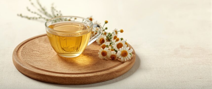 Healthy chamomile tea in a glass cup with an armful of chamomile flowers on textured wooden board. Copy space on light neutral background. Herbal medicine. Natural remedies for human health benefits.