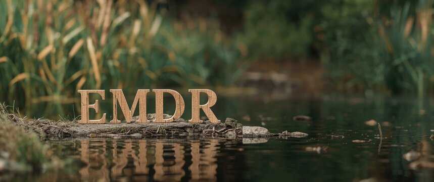 Set of wooden letters EMDR beside a tiny forest pond with gentle cattails in the blurred backdrop, illustrating the concept of Eye Movement Desensitization and Reprocessing therapy