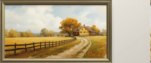 Fototapeta premium Framed acrylic artwork illustrating a rural farm house set in grassy fields with trees and a wooden fence â€” traditional landscape style