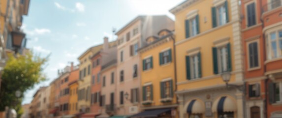Fototapeta premium Colorful Urban Streetscape with Bright Sky and Blurred Background of Vibrant Buildings