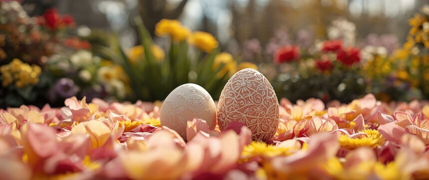 Easter eggs with wax coating on floral backdrop, spring, gift, floral, garden, celebration, beauty, color, event