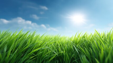 Fototapeta premium Vibrant Green Grass Under a Clear Blue Sky with Sunlight Shining Brightly and Soft Clouds in the Background, Perfect for Nature and Outdoor Themes
