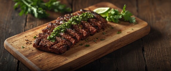 Obraz premium Sliced grilled beef steak with chimichurri sauce served on a cutting board on dark wooden surface