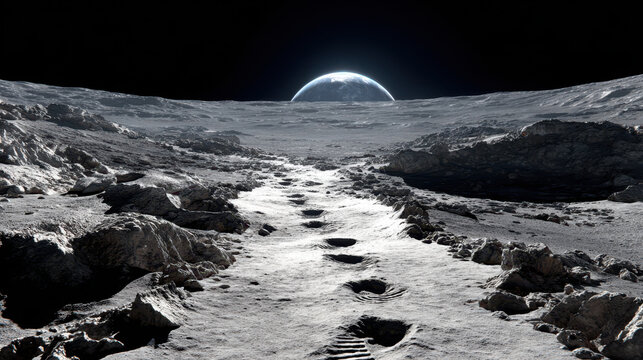 Lunar exploration journey moon surface digital art outer space aerial view cosmic adventure