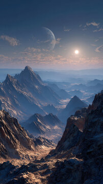 Sunset over majestic mountain landscape alien planet digital art fantasy environment wide-angle view cosmic beauty
