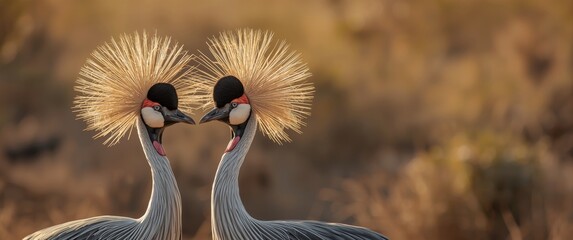 Fototapeta premium Portrait of two grey crowned cranes -balearica regulorum- highlighting their global population of 58,000-77,000