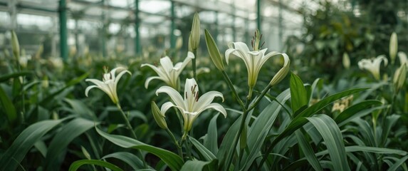 Beautiful greenhouse lilies, long and vibrant flowers, leaves, and interior plant industry
