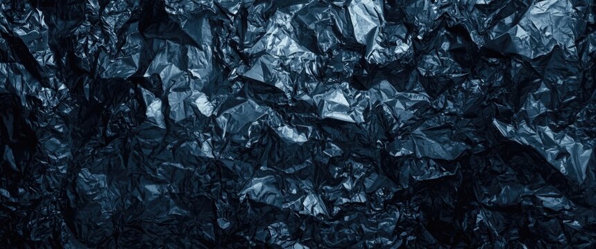 Macro View of Silver Foil Texture Featuring Wavy Corrugated Paper and Dark Blue Metallic Wrinkled Crepe Cardboard Background