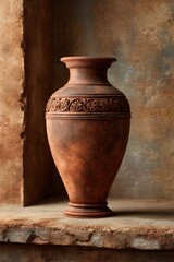 Ancient terracotta vase with ornate patterns on rustic stone shelf in warm ambient light setting