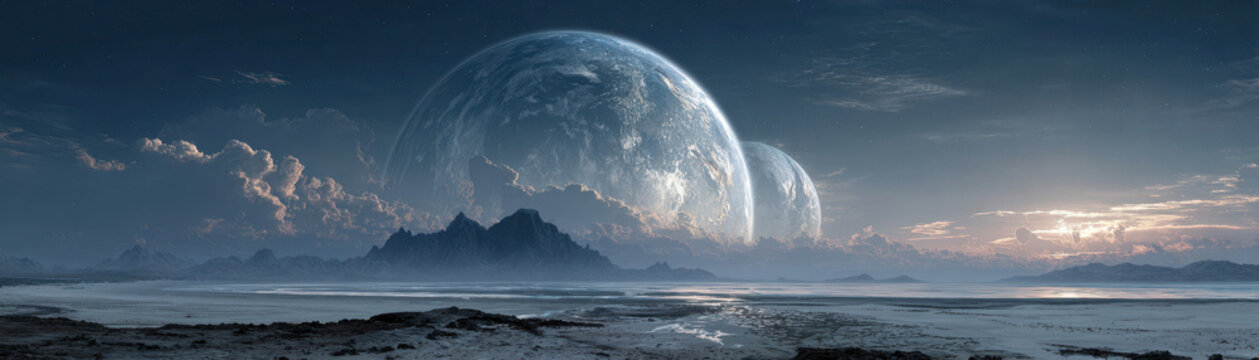 Cosmic landscape of multiple planets alien terrain science fiction art ethereal environment wide-angle view
