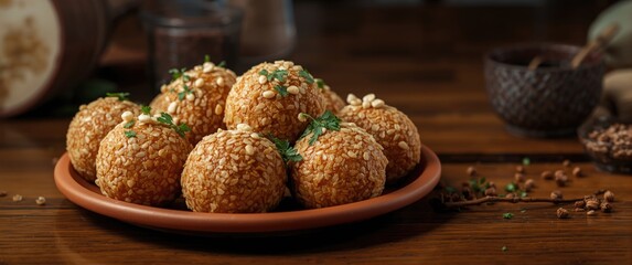 Fototapeta premium Fried kibbeh of ground beef blended with bulgur, stuffed with fried minced meat, pine nuts, spices, garlic, herbs, presented on a clay plate on a wooden table, vertical shot