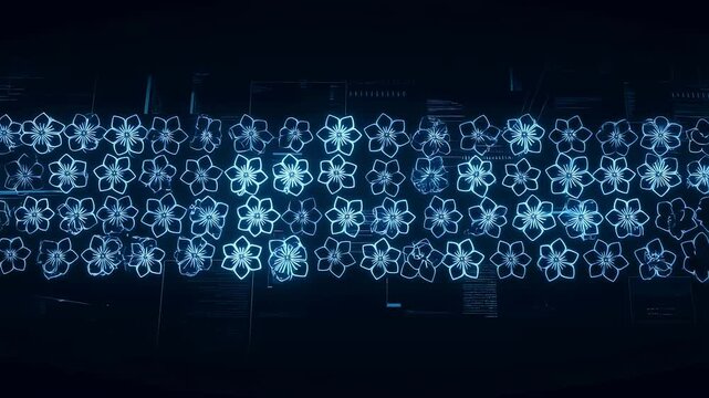 Digital floral pattern animation with glowing blue flowers on a dark background. Represents technology, nature, and modern design aesthetics