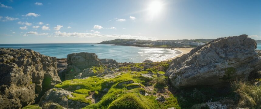 Rocks adorned with green moss in port setting featuring water, sky, beach, summer, travel, nature, landscape, sun, sea