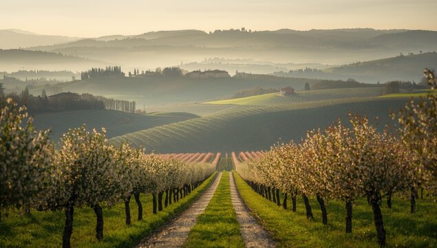 Scenic view of cultivated olive and peach trees on hilly terrain in Emilia Romagna, suitable for landscape layouts
