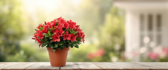 Bright red azalea blooms in a flower pot