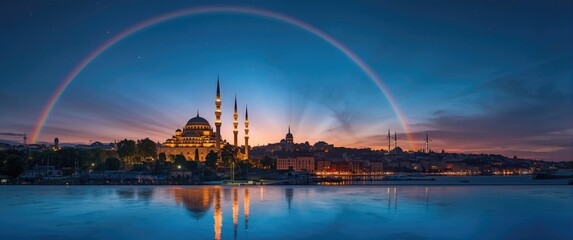 Naklejka premium Rainbow over Istanbul - Blue Mosque, Turkey, City Life, Summer Vacation, Night Sky