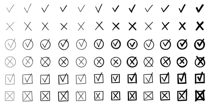 Hand-drawn doodle set of check marks and crosses on a white background.