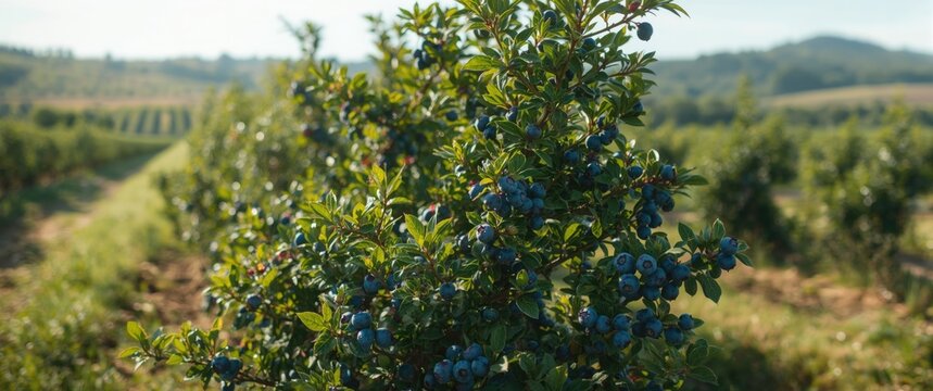 Rows of Duke blueberries loaded with ripe fruit on a sunny summer day at a u-pick farm, emphasizing nutritious organic food and healthy living