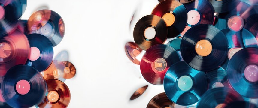 Vintage vinyl records creating a vibrant abstract music scene against a white background