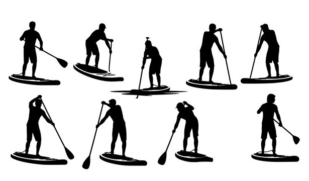 Stand up paddleboarding silhouette vector set isolated on white