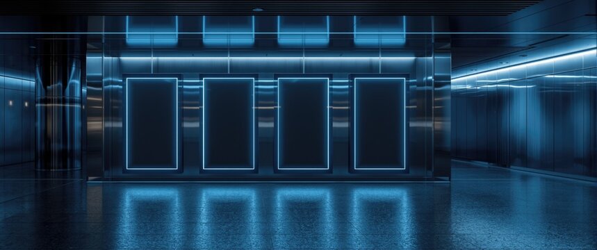 Group of five empty banners templates displayed in a shopping mall corridor with glowing LED lights