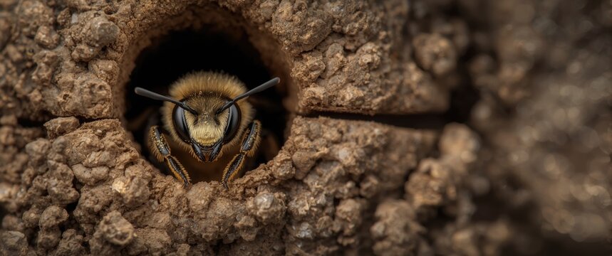 Osmia lignaria Mason Bee peeking from wood nest tunnel