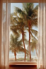 Obraz premium Tropical beach view through sheer curtains framing vibrant palms and ocean waves on a sunny day