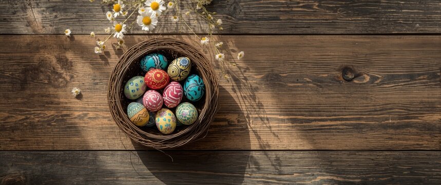 Bowl of Easter eggs on wooden background featuring pattern, flower, design, food, paper, nature, art, wood, Easter