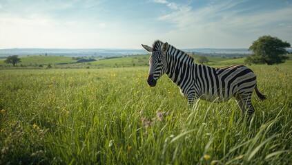 Fototapeta premium Zebra species feeding on grass, highlighting wildlife preservation efforts