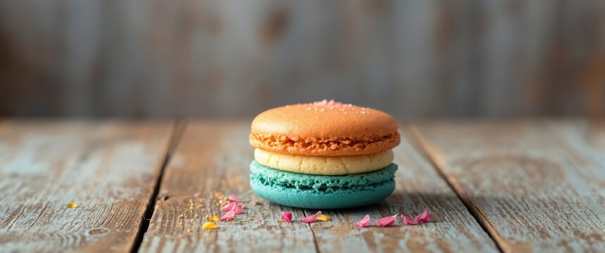 Colorful macaron cake set against a wood backdrop