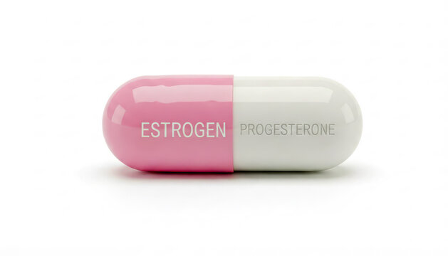 Dual hormone pill capsule with estrogen and progesterone o a white background. HRT, Hormone Replacement Therapy or contraception modern medicine concept.