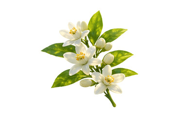 Obraz premium Citrus blossoms developing, showing delicate white flowers, green leaves, and buds on a transparent background