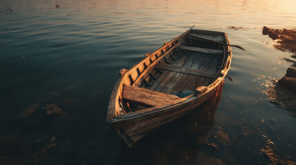 Obraz premium Sunset reflection on abandoned boat tranquil water nature photography serene environment low angle stillness of time