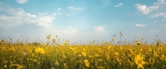 Obraz premium Blooming meadow in summer with blue skies and fluffy clouds
