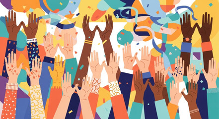 Diverse group of people raising hands in celebration and joy. © Akik