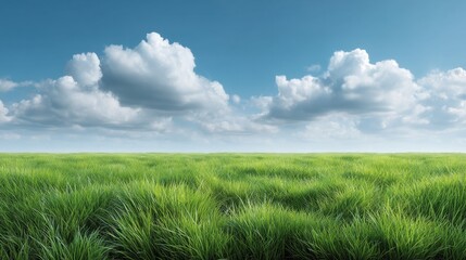 Fototapeta premium Serene Landscape of Lush Green Grass Under a Bright Blue Sky with Fluffy White Clouds for Nature and Outdoor Concepts