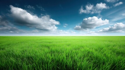 Fototapeta premium Lush Green Grass Field Under a Bright Blue Sky with Fluffy White Clouds and a Sense of Tranquility in Nature's Embrace on a Sunny Day
