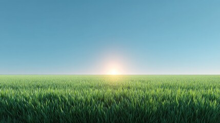 Obraz premium Expansive Green Grass Field Under Clear Blue Sky with Setting Sun in Horizon Creating a Serene and Tranquil Outdoor Landscape Scene