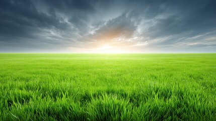 Fototapeta premium Vibrant Green Grass Field Under Dramatic Sky with Dark Clouds and Bright Sunrise Horizon in Nature Landscape Scene