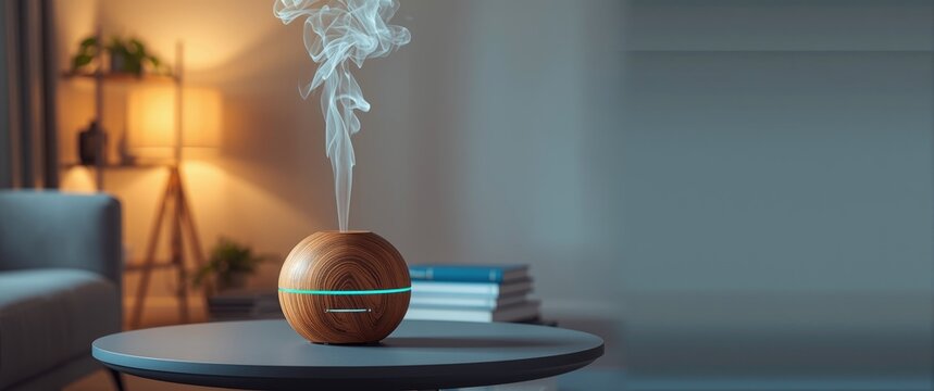 Natural oil vaporizer made of wood displaying blue, yellow, green vapors on a gray table in the living room