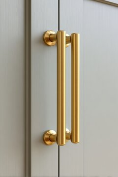 Elegant gold cabinet handle with vertical double-bar design on wooden surface for modern interior decor