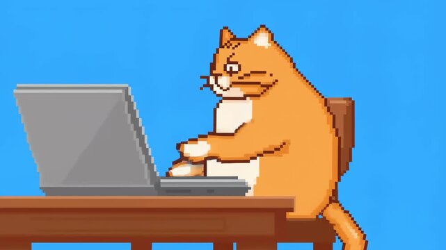 Animated orange cat typing on a laptop in a playful pixel art style. Represents creativity, digital engagement, and the fun side of technology