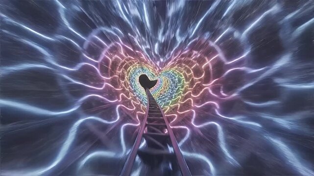 Love Tunnel Ride - A roller coaster track leads into a glowing heart-shaped tunnel with colorful neon lights. The tunnel seems to be a portal into another dimension.