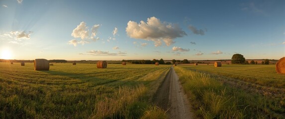 Obraz premium picturesque evening scene with haystacks in a farmland landscape, capturing harvesting and farming life, serene hay bale scenery, tranquil rural setting