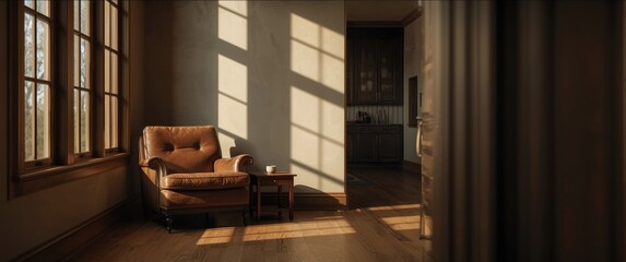 Naklejka premium Corner room featuring seating and windows with wooden flooring