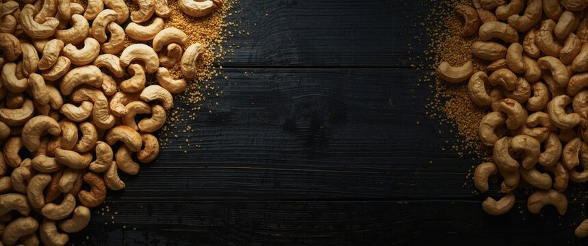 Flatlay of numerous raw cashew nuts in the left corner on black wooden surface, featuring heart and organic yellow meal elements